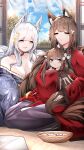  3girls absurdres amagi-chan_(azur_lane) amagi_(azur_lane) animal_ears azur_lane bangs bare_shoulders blue_sky blunt_bangs breasts brown_hair choker cleavage cloud cloudy_sky collarbone commentary_request eating eyebrows_visible_through_hair food fox_ears fox_girl fox_tail hair_ornament highres holding holding_food hug hug_from_behind kyuubi long_hair long_sleeves looking_at_viewer multiple_girls multiple_tails namesake off-shoulder_kimono parted_lips purple_eyes rope sakura_mochi samip shimenawa shinano_(azur_lane) shouji sidelocks silver_hair sitting sky sliding_doors tail tatami thick_eyebrows twintails wagashi wariza wide_sleeves 