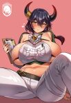  1girl ajax_(last_origin) bell black_hair breasts clipboard cow_girl cow_horns cowbell detached_sleeves highres holding holding_clipboard horns huge_breasts last_origin midriff monster_girl orange_eyes pagong pants short_hair sideboob simple_background sitting watermark white_pants 