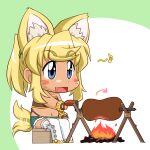  animal_humanoid blonde_hair blue_eyes campfire canid canid_humanoid canine canine_humanoid chibi cooking female food hair humanoid invalid_tag liru mammal mammal_humanoid markings ponytail renkin_3-kyuu_magical?_pokahn solo unknown_artist whisker_markings wolf_humanoid 