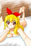  aikatsu! aikatsu!_(series) ass barefoot bed blonde_hair blush breasts completely_nude feet full_body hairband highres hoshimiya_ichigo lips long_hair lying nude on_stomach red_eyes red_hairband smile soles the_pose 