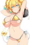  +_+ 1girl absurdres aqua_hair armpits arms_behind_head arms_up bangs bikini blonde_hair blue_eyes bomb bombergirl bow breasts cowboy_shot eyebrows_visible_through_hair grin half-closed_eyes halterneck highres large_breasts mouse_tail multicolored_hair navel pine_(bombergirl) short_hair side-tie_bikini simple_background skindentation smile solo streaked_hair string_bikini swimsuit tail tail_bow tail_ornament tsukasawa_takamatsu white_background yellow_bow 