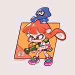  1girl animal animal_on_head artist_name bangs black_shorts closed_mouth commentary english_commentary full_body grey_background holding holding_weapon ink_tank_(splatoon) inkling long_hair lowres on_head onemegawatt orange_hair pink_footwear pointy_ears shirt shoelaces shoes shorts simple_background smile sneakers solo splatoon_(series) splattershot_(splatoon) squid standing tentacle_hair weapon white_shirt 