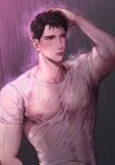  1boy abs biceps black_hair close-up highres looking_to_the_side male_focus mature_male muscular muscular_male nipples original pectorals rain red_eyes saen see-through shirt solo t-shirt upper_body wet wet_clothes 