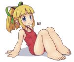  1girl arm_support bangs bare_arms bare_legs bare_shoulders barefoot blonde_hair blue_eyes blunt_bangs blush closed_mouth commentary_request eyebrows_visible_through_hair full_body green_ribbon hair_ribbon knees_up leaning_back mawaru_(mawaru) mega_man_(classic) mega_man_(series) one-piece_swimsuit ponytail red_swimsuit ribbon roll_(mega_man) shadow sitting smile solo swimsuit white_background 
