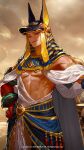  1boy abs absurdres armband belt_collar biceps cloud cloudy_sky collar eftd01 egyptian egyptian_clothes gold hand_on_hip helmet highres looking_at_viewer male_focus muscular muscular_male original pectorals red_eyes skirt sky smile solo teeth toga underpec wristband 