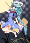  12_t 1girl \||/ animal_ears bare_legs barefoot blue_dress blue_hair braid commentary_request crescent crescent_pin dress happy highres kine long_hair mallet moon_rabbit open_mouth puffy_short_sleeves puffy_sleeves rabbit_ears rabbit_tail red_eyes seiran_(touhou) short_sleeves star_(symbol) star_print tail toes touhou 