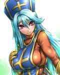  1girl amania_orz aqua_hair blush bodysuit breasts closed_mouth cross dragon_quest dragon_quest_iii earrings gloves hat jewelry large_breasts long_hair looking_at_viewer mitre orange_bodysuit priest_(dq3) red_eyes skin_tight smile solo tabard 