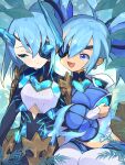  2girls asagi1111 blue_eyes blue_hair breasts chest_jewel earrings eyepatch flat_chest highres ice_horns jewelry large_breasts multiple_girls one_eye_covered open_mouth praxis_(xenoblade) short_hair theory_(xenoblade) xenoblade_chronicles_(series) xenoblade_chronicles_2 