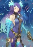  1girl blue_fire breasts brighid_(xenoblade) center_opening closed_eyes collarbone commentary_request curvy dress elbow_gloves fadingz fiery_hair fire gloves hat highres large_breasts long_hair looking_at_viewer purple_dress purple_eyes purple_hair simple_background smile solo thighhighs very_long_hair weapon whip_sword xenoblade_chronicles_(series) xenoblade_chronicles_2 