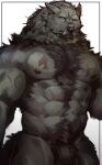  2022 abs animal_genitalia anthro balls big_muscles big_pecs black_body black_fur blaidd_(elden_ring) canid canine canis chest_tuft digital_drawing_(artwork) digital_media_(artwork) elden_ring fangs fromsoftware fur genitals hi_res looking_at_viewer male mammal muscular muscular_male nipples nude omochi_kuitai pecs purple_eyes scar sheath simple_background solo tuft video_games wolf 