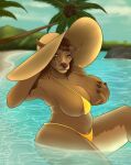  anthro beach big_breasts bikini blizzard_entertainment breasts canid canine cleavage clothed clothing coconut conditional_dnp curvy_figure detailed_background digital_media_(artwork) drupe_(fruit) esealia female food fruit fur hair hat headgear headwear hi_res looking_at_viewer mammal miriam_hutchins navel nipples outside palm_tree plant sand seaside sitting skimpy sky smile solo sun_hat swimwear tree video_games voluptuous warcraft water were werecanid worgen 
