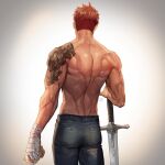  1boy ass back bandaged_arm bandages bara biceps clenched_hand denim highres jeans male_focus manly mature_male messy_hair muscular muscular_male orange_hair original pants scar scar_on_arm scar_on_back shoulder_pads solo spiked_hair ssong-ga sword tight topless topless_male torn_clothes undercut veins veiny_arms weapon weapon_on_floor 