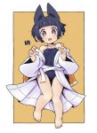  1girl animal_ears bare_legs bare_shoulders barefoot black_hair black_swimsuit blush brown_background brown_eyes collarbone commentary_request covered_navel fox_ears fox_girl fox_tail full_body japanese_clothes kimono kitsune kukuri_(mawaru) long_sleeves looking_at_viewer mawaru_(mawaru) off_shoulder one-piece_swimsuit open_mouth original short_hair solo swimsuit swimsuit_under_clothes tail teeth two-tone_background upper_teeth white_background white_kimono wide_sleeves 