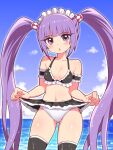  1girl bare_shoulders bikini blush breasts cloud cougar_(cougar1404) hair_tubes long_hair looking_at_viewer maid maid_bikini maid_headdress navel open_mouth panties purple_eyes purple_hair shiny shiny_hair shiny_skin skirt small_breasts solo sophie_(tales) swimsuit tales_of_(series) tales_of_graces thighhighs twintails underwear very_long_hair water 