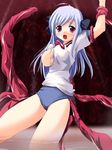  1girl arms_up bloomers blue_hair breasts buruma gym_uniform komichi nipples open_mouth peeing purple_eyes ribbon solo tears tentacle torn_clothes underwear 