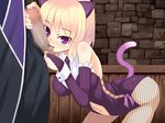  animal_ears blonde_hair blush breasts cat_ears cat_tail censored cleavage licking penis purple_eyes tail 