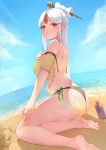  1girl absurdres ass backlighting bangs bare_legs barefoot beach bikini blue_sky breasts bright_pupils day fisheye from_side genshin_impact grain hair_ornament hair_stick hand_on_own_chest highres horizon large_breasts long_hair looking_at_viewer lotion ningguang_(genshin_impact) outdoors parted_bangs red_eyes side-tie_bikini sidelocks sitting sky solo sunscreen swimsuit tassel_hair_ornament untied untied_bikini white_hair yokozuwari 