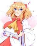  1girl :d ascot blue_eyes breasts eyebrows_visible_through_hair fairy_wings fang headdress heart highres juliet_sleeves large_breasts long_sleeves looking_at_viewer open_mouth orange_hair pink_wings puffy_sleeves r_a_j_c_s short_hair simple_background smile solo sunny_milk touhou two_side_up upper_body white_background wide_sleeves wings yellow_ascot 
