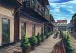  absurdres bench blue_sky chair cloud commentary_request fence hakuurei_amano highres no_humans original outdoors plant reflection scenery shadow shopping_district sky table window 