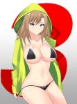  1girl absurdres bangs bikini black_bikini blue_eyes breast_tattoo breasts eunie_(xenoblade) eyebrows_visible_through_hair gradient gradient_background green_hoodie highres hood hoodie large_breasts long_hair looking_at_viewer narrow_waist open_clothes open_hoodie simple_background solo swimsuit tattoo thighs tiredtorto xenoblade_chronicles_(series) xenoblade_chronicles_3 