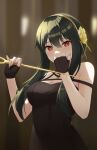  1girl bangs bare_shoulders black_dress black_gloves black_hair breasts cleavage dagger dress fingerless_gloves gloves gold_hairband highres holding holding_dagger holding_weapon knife large_breasts long_hair looking_at_viewer red_eyes rko_(a470350510) rose_hair_ornament sidelocks solo spy_x_family weapon yor_briar 