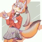  1girl animal_costume animal_ears fox_ears fox_girl fox_tail gloves hauru_252 highres island_fox_(kemono_friends) kemono_friends kemono_friends_v_project long_hair looking_at_viewer multicolored_hair necktie open_mouth ribbon shirt simple_background skirt smile solo tail virtual_youtuber 