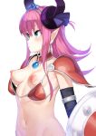  1girl absurdres armor bikini_armor black_gloves blue_eyes blush breasts earrings elbow_gloves elizabeth_bathory_(brave)_(fate) elizabeth_bathory_(fate) fate/grand_order fate_(series) gloves hakai_shin highres horns jewelry long_hair navel nipples pauldrons pink_hair pointy_ears shield shoulder_armor simple_background solo tiara wardrobe_malfunction white_background 