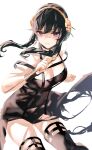  1girl bangs bare_shoulders black_dress black_footwear black_hair blush breasts closed_mouth dress eyebrows_visible_through_hair highres large_breasts looking_at_viewer medium_hair red_eyes simple_background solo spy_x_family temir thighhighs thighs white_background yor_briar 