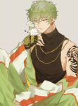  1boy absurdres animal black_shirt butchi cat earrings green_eyes green_hair grey_background highres holding holding_animal jacket jewelry long_sleeves looking_down looking_to_the_side male_focus masaki_hokusai paradox_live shirt short_hair sleeveless sleeveless_shirt smile solo tattoo 