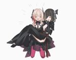  2girls :d black_dress black_footwear black_gloves blonde_hair brown_hair closed_eyes dress eyebrows_visible_through_hair girls&#039;_frontline gloves hair_ribbon headgear highres holding_person kneeling long_hair m16a1_(girls&#039;_frontline) m4_sopmod_ii_(girls&#039;_frontline) multicolored_hair multiple_girls orange_hair partially_fingerless_gloves pink_legwear red_hair ribbon shadow71580825 simple_background smile streaked_hair sweatdrop 