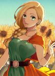  1girl belt bianca_(dq5) blonde_hair blue_eyes blurry blurry_background bracelet braid cape choker dragon_quest dragon_quest_v earrings flower hair_over_shoulder highres jewelry long_hair looking_at_viewer open_mouth orange_cape outsuba_itaru side_braid solo sunflower 