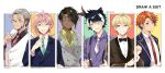  6+boys :d absurdres adjusting_clothes adjusting_necktie ahoge alternate_costume animal_ears aragami_oga arurandeisu bangs beard black_hair black_shirt blazer blonde_hair blue_eyes blue_jacket blush bow bowtie brown_jacket buttons coll_(erichankun) collared_shirt column_lineup crossed_bangs dark-skinned_male dark_skin double-breasted dress_shirt earrings english_text eyepatch facial_hair fangs formal glasses green_eyes green_necktie green_shirt grey_eyes grey_hair grey_jacket hair_between_eyes hair_slicked_back heterochromia highres holostars horns jackal_ears jacket jacket_over_shoulder jacket_removed jewelry kageyama_shien kishido_temma looking_at_viewer mature_male mole mole_under_eye multicolored_hair multiple_boys necktie one_eye_closed open_collar orange_eyes orange_hair outside_border pink_hair purple_eyes purple_shirt red-framed_eyewear red_necktie rikka_(holostars) shirt short_hair single_earring single_horn smile streaked_hair striped striped_shirt striped_suit suit suspenders suspenders_pull teeth traditional_bowtie twitter_username two-tone_hair upper_body upper_teeth vest virtual_youtuber waistcoat white_hair white_necktie white_shirt white_vest wing_collar yellow_eyes yukoku_roberu 