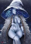  1girl bangs bikini black_bikini blue_eyes blue_hair blue_skin breasts cleavage cloak colored_skin cracked_skin doll_joints elden_ring extra_arms extra_faces fur_cloak glowing_tattoo hat highres joints large_hat long_hair looking_at_viewer navel one_eye_closed parted_bangs ranni_the_witch ryuuneart smile solo swimsuit thighs white_headwear witch witch_hat 