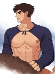  1boy abs absurdres ashitaka bara bare_pectorals brown_hair closed_mouth didrkrk highres large_pectorals male_focus mononoke_hime muscular muscular_male nipples pectorals scar scar_on_cheek scar_on_face short_hair solo 