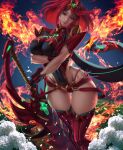  1girl absurdres arm_under_breasts bangs bob_cut boots breasts circlet fingerless_gloves fire flower gloves grin highres hlulani holding holding_sword holding_weapon lips medium_hair night night_sky pyra_(xenoblade) red_eyes red_footwear red_hair red_shorts short_sleeves shorts signature sky smile sword teeth thigh_boots thighhighs weapon white_flower xenoblade_chronicles xenoblade_chronicles_(series) 