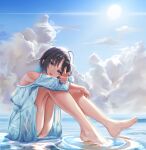  1girl ahoge aqua_eyes asakura_tooru bare_legs barefoot black_hair blue_hair blue_sky cloud commentary_request day dress feet full_body gradient_hair highres hugging_own_legs idolmaster idolmaster_shiny_colors inumantle legs looking_at_viewer multicolored_hair open_mouth outdoors pointing shallow_water short_hair sky solo sun thighs water white_dress 