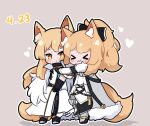  &gt;_&lt; 2girls :3 animal_ear_fluff animal_ears arknights bangs black_bow black_gloves blemishine_(arknights) blonde_hair blush bow cape commentary dated dress elbow_gloves english_commentary full_body fur-trimmed_cape fur_trim gloves grey_background grey_cape hair_bow horse_ears horse_girl horse_tail hug kurotofu long_hair multiple_girls nearl_(arknights) nearl_the_radiant_knight_(arknights) outline ponytail siblings simple_background sisters standing tail white_dress white_outline 