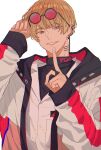  1boy absurdres blonde_hair butchi ear_piercing earrings finger_to_mouth glasses highres jacket jewelry long_sleeves looking_to_the_side male_focus paradox_live piercing red_eyes ring short_sleeves shushing smile solo white_background yeon_hajun 
