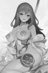  1girl areolae bangs breasts cleavage commission greyscale highres large_areolae large_breasts long_hair looking_at_viewer marina_(world_flipper) monochrome navel nipples no_panties open_mouth pretty_mundane sitting skeb_commission solo sweat thigh_strap twisted_torso world_flipper yokozuwari 
