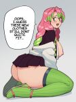  1girl arm_support ass blush breasts breasts_out demon_slayer_uniform english_commentary english_text gradient_hair green_eyes green_hair green_legwear haori highres japanese_clothes kanroji_mitsuri kimetsu_no_yaiba large_breasts long_hair looking_back mole mole_under_eye multicolored_hair nipples no_panties off_shoulder open_mouth pink_hair pleated_skirt ribbed_legwear sandals sitting skirt smile solo speech_bubble suoiresnu thighhighs thighs tri_braids v_arms wariza 