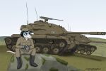  2022 absurd_res anthro clothing colored didelphid eyewear female glasses grass gun hat headgear headwear hi_res m2_browning m47_patton machine_gun mammal marsupial marylin_(hladilnik) military military_cap military_uniform number panzerschreckleopard plant ranged_weapon rock sitting solo tank uniform vehicle weapon 