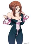  1girl bare_shoulders bodysuit boku_no_hero_academia breasts brown_eyes brown_hair cleavage collarbone commentary_request covered_navel highres large_breasts looking_down short_hair simple_background solo standing takatsuki_ichi twitter_username uraraka_ochako white_background 