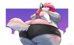  2021 anthro big_butt bottomwear butt canid canine canis clothing colored ear_piercing female fur gillpanda hair hands_on_hips hi_res hotpants looking_at_viewer looking_back looking_back_at_viewer mammal overweight overweight_anthro overweight_female piercing pink_hair shaded shirt shorts smile solo tank_top thick_thighs topwear valentine_(bjornn) wide_hips wolf 