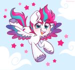  absurd_res blue_background blush cloud cutie_mark equid equine eyebrows feathered_wings feathers female feral flying fur hair hasbro hi_res hooves mammal mlp_g5 my_little_pony ninnydraws open_mouth pegasus pink_hair pink_tail raised_eyebrow short_hair simple_background sky star white_body white_fur wings zipp_storm_(mlp) 