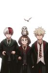  1girl 2boys artist_name bakugou_katsuki bird blonde_hair blue_eyes boku_no_hero_academia brown_eyes brown_hair burn_scar cloak echo1069479 golden_snitch grey_eyes gryffindor harry_potter_(series) heterochromia highres hogwarts_school_uniform holding holding_wand hood hooded_cloak looking_at_viewer multicolored_hair multiple_boys necktie owl red_eyes red_hair scar scar_on_face school_uniform short_hair simple_background slytherin smile spiked_hair split-color_hair standing striped_necktie todoroki_shouto two-tone_hair uraraka_ochako wand white_background white_hair 