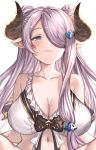  1girl aldehyde bikini breasts cleavage collarbone draph granblue_fantasy hair_over_one_eye horns large_breasts long_hair looking_at_viewer narmaya_(granblue_fantasy) navel one_eye_covered pointy_ears purple_hair simple_background solo swimsuit upper_body white_background 