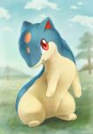  animal_focus cloud commentary_request day field full_body grass highres no_humans open_mouth outdoors pokemon pokemon_(creature) quilava red_eyes ryuma210 signature sky smile solo tree 