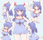  1girl animal_ears arinu barefoot blue_background blue_dress blue_hair blush breasts cleavage closed_mouth collarbone dress eyebrows_visible_through_hair fingernails hair_between_eyes highres large_breasts long_hair multiple_views one_eye_closed open_mouth rabbit_ears rabbit_tail red_eyes seiran_(touhou) simple_background smile tail touhou yawning 