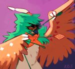  1other arm_up arrow_(projectile) artist_name beak body_fur brown_fur brown_wings closed_mouth commentary decidueye english_commentary feathered_wings from_side furry green_fur half-closed_eyes hand_up highres kay_(kf1n3) orange_eyes other_focus pokemon pokemon_(creature) purple_background signature simple_background sketch solo standing white_fur wings 