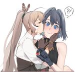  2girls :i ahoge black_hair blue_eyes blue_hair blush brown_hair closed_eyes closed_mouth eus_ing feather_hair_ornament feathers gloves hair_intakes hair_ornament hair_tie hololive hololive_english kiss kissing_cheek long_hair multicolored_hair multiple_girls nanashi_mumei ouro_kronii partially_fingerless_gloves ponytail short_hair virtual_youtuber white_hair yuri 